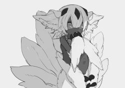 Rule 34 | 1girl, animal ear fluff, dark skin, dark-skinned female, extra arms, faputa, female focus, fur, made in abyss, monochrome, monster girl, owantogohan, sharp teeth, solo, teeth, very dark skin, white hair