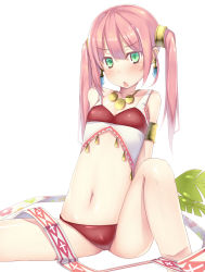 Rule 34 | 1girl, arm support, arms behind back, breasts, dancer (sekaiju), etrian odyssey, green eyes, hair ornament, long hair, looking at viewer, navel, open mouth, pink hair, sekaiju no meikyuu, sekaiju no meikyuu 4, simple background, sitting, small breasts, solo, syobonne, twintails, white background