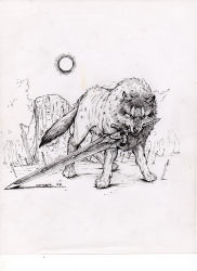 Rule 34 | absurdres, commentary, dark souls (series), dark souls i, english commentary, full moon, great grey wolf sif, greyscale, highres, holding, holding sword, holding weapon, ink (medium), inktober, looking at viewer, manuel castanon, monochrome, moon, mouth hold, no humans, planted, planted sword, planted weapon, scan, simple background, solo, sword, traditional media, weapon, white background