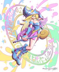 Rule 34 | 1girl, bare shoulders, belt, blonde hair, blue footwear, blush stickers, breasts, cleavage, dark magician girl, duel monster, floating, green eyes, hair between eyes, hat, highres, holding, holding staff, jewelry, large breasts, long hair, looking at viewer, magic circle, open mouth, pink footwear, pink skirt, sengenjin31, shirt, skirt, smile, staff, twitter username, white background, white belt, witch, witch hat, yellow shirt, yu-gi-oh!