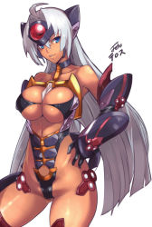 Rule 34 | 00s, 1girl, akinaie, bare shoulders, black gloves, blue eyes, breasts, bursting breasts, choker, cleavage, collarbone, dark-skinned female, dark skin, elbow gloves, gloves, grin, hand on own hip, headgear, headpiece, large breasts, long hair, looking at viewer, silver hair, simple background, smile, solo, t-elos, thighhighs, very long hair, white background, xenosaga, xenosaga episode iii