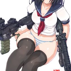 Rule 34 | 10s, 1girl, 2016, assault rifle, black hair, black thighhighs, blue sailor collar, breasts, cleavage, collarbone, curvy, dated, dd (ijigendd), dual wielding, gun, head out of frame, holding, holding gun, holding weapon, large breasts, m4 carbine, neckerchief, no pants, numbered, original, panties, rifle, sailor collar, school uniform, serafuku, shirt, short hair, short sleeves, simple background, solo, striped clothes, striped panties, thick thighs, thighhighs, thighs, underwear, weapon, white background, white shirt, wide hips