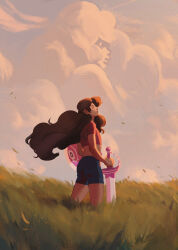 Rule 34 | 1other, blue shorts, brown hair, closed mouth, curly hair, grass, highres, holding, holding sword, holding weapon, jeen leee, long hair, orange shirt, rose quartz universe, shield, shirt, shorts, steven universe, stevonnie (steven universe), sword, very long hair, weapon