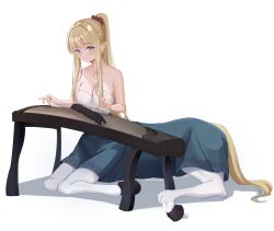 Rule 34 | 1girl, aqua skirt, bare shoulders, blonde hair, blue eyes, blunt bangs, breasts, centaur, chinese commentary, cleavage, closed mouth, collarbone, commentary request, ear chain, full body, guzheng, hair ornament, hair scrunchie, horse tail, instrument, krukaru, light blush, long hair, looking at viewer, medium breasts, monster girl, multiple legs, music, original, playing instrument, pointy ears, ponytail, scrunchie, shadow, shirt, simple background, sitting, skirt, smile, solo, strapless, strapless shirt, tail, taur, white background, white shirt
