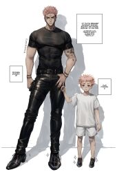 Rule 34 | 2boys, abs, age difference, arm tattoo, artist name, black footwear, black pants, black shirt, character age, child, facial tattoo, full body, hair slicked back, highres, holding another&#039;s finger, itadori yuuji, jujutsu kaisen, male focus, multiple boys, neck tattoo, pants, parted lips, pink hair, r5x95r13ros, ryoumen sukuna (jujutsu kaisen), shadow, shirt, shoes, shorts, signature, sparkle, standing, tattoo, teeth, tight clothes, tight pants, tight shirt, undercut, white background, white shirt, white shorts, yellow eyes
