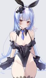 Rule 34 | 1girl, animal ears, animal hands, blue hair, blue necktie, blush, breasts, cleavage, closed mouth, covered navel, detached collar, fake animal ears, hat, highres, hololive, leotard, long hair, looking at viewer, medium breasts, mini hat, necktie, oimo 0imo, rabbit ears, red eyes, simple background, sitting, smile, solo, usada pekora, usada pekora (furi furi bunny dress), virtual youtuber