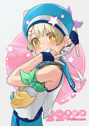 Rule 34 | 1boy, arm behind head, armband, bare shoulders, blonde hair, blue gloves, blue headwear, blue nails, blue shorts, blush, fingerless gloves, from side, gloves, green armband, green ribbon, hat, highres, leaning back, looking at viewer, mubo, original, purple ribbon, ribbon, sailor hat, shirt, shorts, sleeveless, smile, star (symbol), star ornament, thank you, v, white background, white shirt, yellow eyes, yellow ribbon