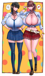 Rule 34 | 2girls, arm up, bag, bikini, black eyes, black hair, breasts, cleavage, curvy, full body, heart, highres, huge breasts, long hair, looking at another, looking at viewer, micro bikini, multiple girls, original, school uniform, simple background, skirt, socks, solo, speech bubble, swimsuit, thighhighs, wolffeld price, yellow background