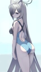 Rule 34 | 1girl, absurdres, animal ear fluff, animal ears, ass, black one-piece swimsuit, blue archive, blue eyes, breasts, competition swimsuit, covered navel, cross hair ornament, extra ears, from behind, grey hair, hair ornament, hair over one eye, halo, highres, kieharo, long hair, low ponytail, medium breasts, multicolored clothes, multicolored swimsuit, one-piece swimsuit, shiroko (blue archive), shiroko (swimsuit) (blue archive), shiroko terror (blue archive), solo, swimsuit