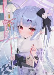 Rule 34 | 1girl, :o, arrow (projectile), bell, black bow, blue nails, blush, bow, commentary request, ear piercing, ema, floral print, fur collar, hair bow, hair ornament, hamaya, highres, holding, holding arrow, japanese clothes, jingle bell, kimono, long hair, long sleeves, looking at viewer, nail polish, obi, original, parted lips, piercing, print kimono, purple hair, purple kimono, purple umbrella, rabbit hair ornament, red eyes, sash, solo, tsukiman, twintails, umbrella, very long hair, wide sleeves