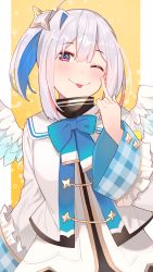 Rule 34 | 1girl, absurdres, akanbe, alternate hairstyle, amane kanata, amane kanata (1st costume), angel wings, black dress, blue bow, blue hair, blush, bow, breasts, colored inner hair, commentary, cowboy shot, dress, eyelid pull, hair between eyes, halo, highres, hololive, jacket, looking at viewer, medium breasts, medium hair, multicolored hair, one eye closed, purple eyes, sailor collar, side ponytail, silver hair, simple background, single hair intake, smile, solo, star (symbol), star halo, starry background, streaked hair, tonarikeru, tongue, tongue out, turtleneck, turtleneck dress, two-tone hair, uniform, virtual youtuber, white jacket, wings, yellow background