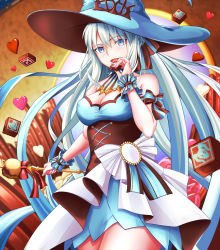 Rule 34 | 1girl, black bow, blue eyes, blush, bow, braid, breasts, cleavage, dress, fate/grand order, fate (series), french braid, grey hair, hair bow, harukey, hat, highres, large breasts, long hair, looking at viewer, morgan le fay (fate), morgan le fay (valentine witches) (fate), ponytail, sidelocks, solo, thighs, very long hair, witch hat