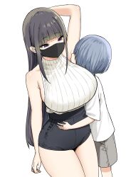 Rule 34 | 1boy, 1girl, age difference, arm up, armpits, bare arms, bare shoulders, black hair, blue hair, blunt bangs, breasts, covered mouth, highres, large breasts, mask, mouth mask, original, shirt tucked in, simple background, sky-freedom, terakawa aimi, white background