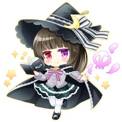 Rule 34 | 1girl, black cape, black footwear, black hat, blue eyes, blunt bangs, blush, book, brown hair, cape, chibi, closed mouth, commentary request, commission, crescent, full body, green skirt, grey jacket, hat, heterochromia, holding, holding book, jacket, layered skirt, open book, original, outline, pantyhose, pixiv commission, plaid, plaid skirt, purple eyes, red eyes, shikito (yawa0w0), shoes, simple background, skirt, skull, smile, smoke, solo, standing, standing on one leg, unmoving pattern, white background, white pantyhose, witch, witch hat, yellow outline