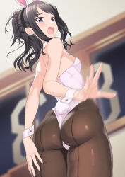 Rule 34 | 1girl, animal ears, ass, back-seamed legwear, black eyes, black hair, black pantyhose, blurry, cowboy shot, depth of field, detached collar, fake animal ears, from behind, highres, idolmaster, idolmaster shiny colors, kazano hiori, leotard, looking at viewer, looking back, mole, mole under mouth, motion blur, open mouth, pantyhose, playboy bunny, ponytail, rabbit ears, rabbit girl, rabbit tail, seamed legwear, solo, strapless, strapless leotard, tail, tomato (madanai the cat), white leotard, wrist cuffs