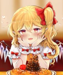 Rule 34 | 1girl, arm garter, arm support, ascot, blonde hair, blush, bow, cherry, commentary request, crystal, curly hair, elbow rest, elbows on table, fang, flandre scarlet, food, food request, frilled cuffs, frilled shirt collar, frilled sleeves, frills, fruit, hair between eyes, hair bow, hands on own cheeks, hands on own face, hands up, head rest, head tilt, heart, indoors, looking at viewer, nail polish, no headwear, one side up, pancake, plate, pointy ears, puffy short sleeves, puffy sleeves, red bow, red eyes, red nails, red vest, shirt, short hair, short sleeves, sidelocks, solo, table, touhou, vest, white shirt, wings, wrist bow, wrist cuffs, yellow ascot, yuma (yuuma pants)