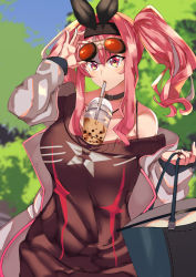 Rule 34 | 1girl, azur lane, bag, between breasts, blurry, blurry background, bra strap, breasts, bremerton (azur lane), bremerton (day-off date) (azur lane), brown hairband, brown sweater, bubble tea, cup, disposable cup, dress, eyewear on head, grey hair, hairband, highres, jacket, long hair, looking at viewer, mole, mole on breast, multicolored hair, no mole, off-shoulder dress, off-shoulder sweater, off shoulder, official alternate costume, open clothes, open jacket, orange-tinted eyewear, outdoors, pink eyes, pink hair, purplecat, solo, strap between breasts, streaked hair, sweater, sweater dress, tinted eyewear, two-tone hair, white jacket