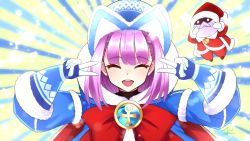 Rule 34 | 1girl, ankh, badge, beanie, blue background, blue coat, blue gloves, blue headwear, blush, bow, breasts, closed eyes, coat, colonel olcott (fate), doll, double v, dress, emotional engine - full drive, fate/grand order, fate/grand order arcade, fate (series), fur-trimmed coat, fur-trimmed dress, fur trim, gloves, hands up, hat, helena blavatsky (christmas) (fate), helena blavatsky (fate), highres, hood, hooded coat, large bow, long sleeves, open clothes, open coat, open mouth, parody, purple hair, short hair, small breasts, smile, sparkle, striped, striped background, tei (oekakikaki), v, yellow background