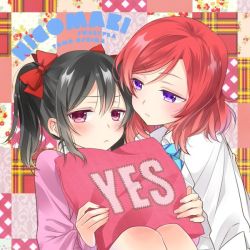 Rule 34 | 10s, 2girls, black hair, blush, bow, bowtie, breasts, cardigan, cowboy shot, curtains, eye contact, from side, frown, hair bow, half-closed eyes, hand on another&#039;s chin, imminent kiss, indoors, long sleeves, looking at another, love live!, love live! school idol project, multiple girls, nervous, nishikino maki, ooshima tomo, orange eyes, pink hair, plaid, plaid skirt, pleated skirt, profile, purple eyes, school uniform, shirt, short hair, short sleeves, short twintails, skirt, sleeves past wrists, small breasts, striped, sweatdrop, sweater vest, twintails, wide-eyed, window, yazawa nico, yuri