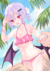 Rule 34 | 1girl, 1other, alternate costume, alternate hairstyle, arm up, bat hair ornament, bat wings, beach, bikini, blurry, blurry background, blush, breasts, cismlyri, cleavage, collarbone, commentary request, embodiment of scarlet devil, fang, frilled swimsuit, frills, hair ornament, highres, holding hands, leaf, looking at viewer, nail polish, navel, ocean, palm tree, pink bikini, pointy ears, purple hair, red eyes, remilia scarlet, shadow, side ponytail, signature, small breasts, solo focus, standing, swimsuit, thighs, touhou, tree, wet, white nails, wings