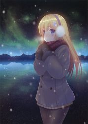 Rule 34 | 1girl, absurdres, black gloves, black pantyhose, blonde hair, blue eyes, blush, brown skirt, coat, cowboy shot, gloves, hair between eyes, hair ornament, hairband, highres, long hair, miniskirt, night, original, outdoors, pantyhose, pleated skirt, red scarf, reflecting pool, reflection, reflective water, scarf, skirt, sky, snowing, solo, star (sky), starry sky, steam
