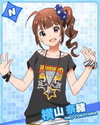 Rule 34 | 10s, 1girl, :d, bracelet, brown hair, character name, clothes writing, idolmaster, idolmaster million live!, jewelry, looking at viewer, necklace, official art, open mouth, purple eyes, scrunchie, side ponytail, smile, yokoyama nao