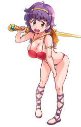 Rule 34 | 1girl, :d, ahoge, armlet, athena (series), bare shoulders, bikini, breasts, cleavage, collarbone, fingernails, full body, hand on own throat, holding, holding sword, holding weapon, large breasts, legs apart, long hair, looking at viewer, open mouth, orange eyes, over shoulder, pink bikini, princess athena, purple hair, shield, simple background, skindentation, smile, solo, standing, suzuki24, swimsuit, sword, tareme, toenails, weapon, weapon over shoulder, white background