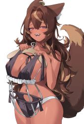 Rule 34 | 1girl, absurdres, animal ear fluff, animal ear piercing, animal ears, bikini, black bikini, blush, breasts, brown hair, cleavage, commentary, cowboy shot, dark-skinned female, dark skin, double-parted bangs, fangs, hair between eyes, highres, holding, holding clothes, holding swimsuit, large breasts, looking at viewer, navel, open mouth, original, panties, red eyes, rima (0136), round teeth, simple background, sirae negrup, smile, solo, swimsuit, swimsuit hanger, symbol-only commentary, tail, teeth, topless, underwear, white background, white panties