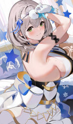 Rule 34 | 1girl, armlet, armpits, arms up, bare arms, bare back, bare shoulders, blue ribbon, blush, braid, breasts, closed mouth, crossed wrists, crown braid, dress, from side, gloves, green eyes, grey hair, hair ribbon, highres, hololive, idol, large breasts, looking at viewer, mole, mole on breast, niii (memstapak), ribbon, shirogane noel, sideboob, smile, snowflake print, solo, star (symbol), tiara, virtual youtuber, white dress, white gloves