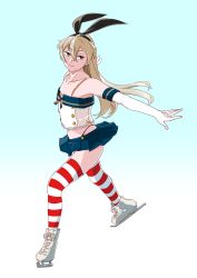 Rule 34 | 1girl, adapted costume, black panties, blonde hair, blue background, blue skirt, brown eyes, crop top, elbow gloves, figure skating, full body, gloves, gradient background, hairband, highleg, highleg panties, ice skates, ice skating, kantai collection, long hair, microskirt, ojipon, outstretched arms, panties, pleated skirt, shimakaze (kancolle), skates, skating, skirt, solo, striped clothes, striped thighhighs, thighhighs, underwear, white background, white gloves