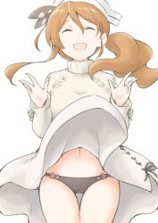 Rule 34 | 1girl, akara kai, black panties, closed eyes, clothes lift, facing viewer, gluteal fold, headdress, highres, kantai collection, littorio (kancolle), long hair, official alternate costume, panties, side ponytail, simple background, skirt, skirt lift, solo, sweater, thigh gap, underwear, white background, white skirt, white sweater