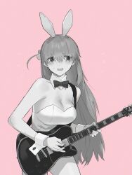 1girl animal_ear_hairband animal_ears bocchi_the_rock! bow bowtie breasts cleavage commentary cube_hair_ornament detached_collar electric_guitar embarrassed fake_animal_ears gotoh_hitori greyscale greyscale_with_colored_background guitar hair_ornament hairband highres holding holding_guitar holding_instrument instrument katsuoboshi leotard long_hair looking_at_viewer monochrome open_mouth pink_background playboy_bunny rabbit_ear_hairband rabbit_ears solo strapless strapless_leotard wrist_cuffs