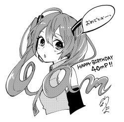 Rule 34 | 1girl, :o, arm at side, armpit crease, bare shoulders, breasts, collared shirt, commentary request, cropped torso, curly hair, detached sleeves, eyelashes, facing viewer, floating hair, grey shirt, greyscale, hair between eyes, halftone, happy birthday, hatsune miku, headset, light blush, long hair, looking afar, looking back, monochrome, necktie, parted lips, shirt, sideboob, signature, simple background, sleeveless, sleeveless shirt, small breasts, solo, speech bubble, tama (songe), tareme, translated, twintails, very long hair, vocaloid, white background