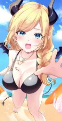 Rule 34 | 1girl, absurdres, bare shoulders, barefoot, beach, bikini, black bikini, black horns, blonde hair, blue eyes, blush, braid, breast tattoo, breasts, cleavage, commentary request, demon girl, demon horns, demon tail, demon wings, heart, heart necklace, highres, hololive, horns, jewelry, kudoukudokudo, large breasts, long hair, looking at viewer, necklace, open mouth, outdoors, pointy ears, solo, swept bangs, swimsuit, tail, tattoo, virtual youtuber, wings, yuzuki choco