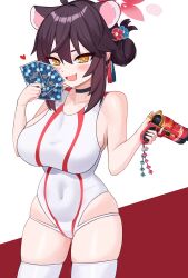 Rule 34 | 1girl, absurdres, animal ears, black choker, blue archive, breasts, bright pupils, brown hair, card, choker, covered navel, ddog, fang, gun, hair bun, highres, holding, holding card, holding gun, holding weapon, kaede (blue archive), large breasts, one-piece swimsuit, skin fang, skindentation, solo, swimsuit, thighhighs, weapon, white one-piece swimsuit, white pupils, white thighhighs, yellow eyes