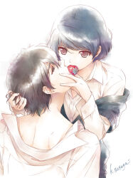 Rule 34 | 1boy, 1girl, artist name, black hair, blue hair, brown eyes, collared shirt, commentary request, domestic na kanojo, femdom, food, fruit, fujii natsuo, grabbing another&#039;s hair, hand on another&#039;s chin, highres, sasuga kei, shared food, shirt, short hair, simple background, strawberry, tachibana rui, white background, white shirt