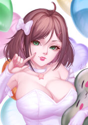 Rule 34 | 1girl, absurdres, ahoge, balloon, birthday, bob cut, bow, breast press, breasts, brown hair, choker, cleavage, collarbone, detached sleeves, dress, fortissimo, green eyes, grin, hair bow, hair ornament, hand up, highres, indie virtual youtuber, large breasts, lips, looking at viewer, medium hair, miori celesta, musical note, musical note hair ornament, nose, oakproud, off-shoulder dress, off shoulder, pendant choker, pink nails, pointing, pointing at self, signature, smile, solo, star pendant, strapless, strapless dress, treble clef, upper body, virtual youtuber, white choker, white dress