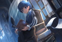 Rule 34 | 1boy, black legwear, black shorts, blue eyes, blue hair, book, cocolo (co co lo), dutch angle, fate (series), hans christian andersen (fate), highres, holding, holding book, indoors, crossed legs, male focus, night, open book, open window, shorts, sitting, sky, solo, star (sky), starry sky, window
