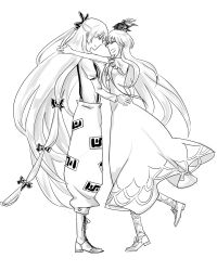 Rule 34 | 2girls, bad id, bad pixiv id, boots, dress, female focus, friends, from side, fujiwara no mokou, full body, greyscale, happy, kamishirasawa keine, laughing, long hair, monochrome, multiple girls, outstretched hand, pants, smile, standing, tankey, touhou, very long hair