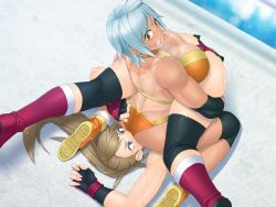 Rule 34 | 23 (real xxiii), 2girls, armpits, blue eyes, breasts, breath, brown eyes, brown hair, elbow pads, frills, game cg, gloves, huge breasts, long hair, mouth guard, multiple girls, open mouth, ponytail, shoes, silver hair, sitting, sitting on face, sitting on person, sweat, toned, wrestle fight girls, wrestling