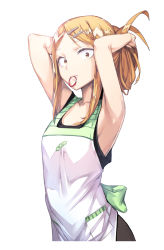 Rule 34 | 10s, 1girl, adjusting hair, apron, armpits, bare arms, bow, brown eyes, brown hair, dagashi kashi, endou saya, green bow, hair ornament, hairclip, long hair, looking at viewer, newey, simple background, sleeveless, solo, standing, tying hair, white background