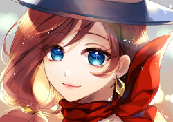 Rule 34 | 1girl, ace attorney, artist name, blue eyes, blue hat, brown hair, closed mouth, diamond earrings, earrings, eyes visible through hair, hat, jewelry, lipgloss, long hair, looking at viewer, low-tied long hair, portrait, red scarf, scarf, shigan, single earring, smile, solo, swept bangs, top hat, trucy wright