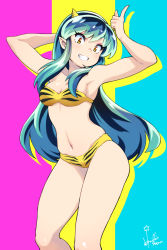 Rule 34 | 1girl, arm behind head, armpits, arms up, bra, breasts, clenched teeth, commentary, cone horns, contrapposto, green hair, highres, hori shin, horns, index finger raised, long bangs, looking at viewer, lum, multicolored background, navel, panties, pointy ears, signature, slit pupils, small breasts, solo, stomach, striped bra, striped clothes, striped panties, takahashi rumiko (style), teeth, thighs, underwear, urusei yatsura, yellow eyes