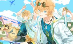 Rule 34 | 1boy, 1girl, adjusting eyewear, aircraft, airplane, alternate hair color, animal collar, arknights, armpits, arms up, blonde hair, blue eyes, blue shirt, blue sky, building, cloud, collar, commentary, cowboy shot, dog, dog tags, eyewear on head, favilia, goggles, golden retriever, green hair, green shirt, highres, hood, hood up, hooded jacket, jacket, la pluma (arknights), multiple necklaces, multiple views, open clothes, open jacket, open mouth, pointing, pointing up, running, shirt, short hair, sky, tequila (arknights), tongue, tongue out, upper body, watermark, white jacket