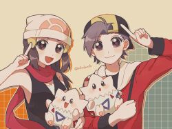 1boy 1girl :3 :d backwards_hat baseball_cap beanie black_hair black_hat black_shirt blush closed_mouth commentary_request creatures_(company) dawn_(pokemon) ethan_(pokemon) game_freak gen_2_pokemon grey_eyes hair_ornament hairclip hand_up hat highres holding holding_pokemon index_finger_raised jacket long_sleeves looking_at_viewer medium_hair mikakami1e nintendo open_mouth pokemon pokemon_(creature) pokemon_dppt pokemon_hgss red_jacket red_scarf scarf shirt short_hair sidelocks sleeveless sleeveless_shirt smile togepi twitter_username upper_body white_hat