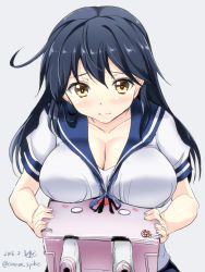 Rule 34 | 10s, 1girl, 2015, black hair, blush, breast rest, breasts, brown eyes, cleavage, dated, gin&#039;ichi (akacia), grey background, highres, kantai collection, large breasts, long hair, looking at viewer, neckerchief, school uniform, serafuku, short sleeves, simple background, solo, turret, twitter username, upper body, ushio (kancolle), yellow eyes