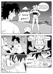 Rule 34 | 1boy, 1girl, absurdres, aged up, anger vein, beach, blank eyes, blush, bra (dragon ball), clenched teeth, cloud, comic, commentary request, dragon ball, dragonball z, drugged, earrings, english text, engrish text, forced kiss, greyscale, hairband, hetero, highres, jewelry, kiss, midriff, monochrome, muscular, muscular male, navel, night, night sky, ocean, open mouth, pink mousse, ranguage, shoes, short shorts, shorts, sky, sneakers, son goten, strapless, sweat, sweatdrop, teeth, tube top, water, wristband