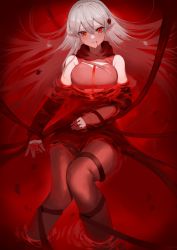 Rule 34 | 1girl, absurdres, ambiguous red liquid, arknights, bare shoulders, blush, commentary, feet out of frame, grin, hair between eyes, highres, long hair, looking at viewer, molyb, pantyhose, parted lips, pointy ears, red eyes, silver hair, sleeveless, smile, solo, warfarin (arknights)
