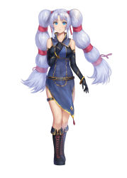 Rule 34 | 1girl, bare shoulders, black footwear, black gloves, blue eyes, boots, collarbone, commentary request, commission, cross-laced footwear, dress, elbow gloves, fire emblem, fire emblem: genealogy of the holy war, full body, gloves, hair ornament, highres, lace-up boots, long hair, multi-tied hair, nhaliz, nintendo, purple eyes, purple hair, simple background, smile, solo, standing, tine (fire emblem), twintails, white background