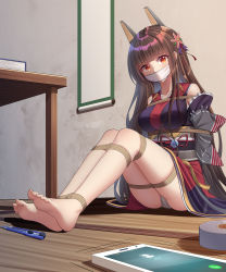 Rule 34 | 1girl, absurdres, akagi (warship girls r), arms behind back, barefoot, bdsm, black kimono, bondage, bound, bound ankles, bound arms, bound legs, breast bondage, breasts, brown hair, cellphone, gag, gagged, headgear, highres, improvised gag, indoors, japanese clothes, kimono, large breasts, long hair, obi, orange eyes, panties, phone, remodel (warship girls r), sash, shibari, shibari over clothes, sidelocks, sitting, smartphone, solo, tape, tape gag, underwear, warship girls r, white panties, wo cao xiao, wooden floor